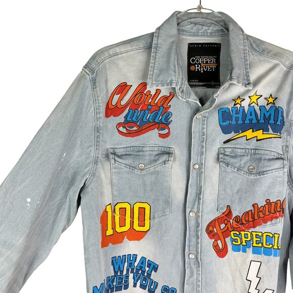 Copper Rivet Light Blue Denim Shirt Snap Button Graphic Prints Large - Picture 3 of 12